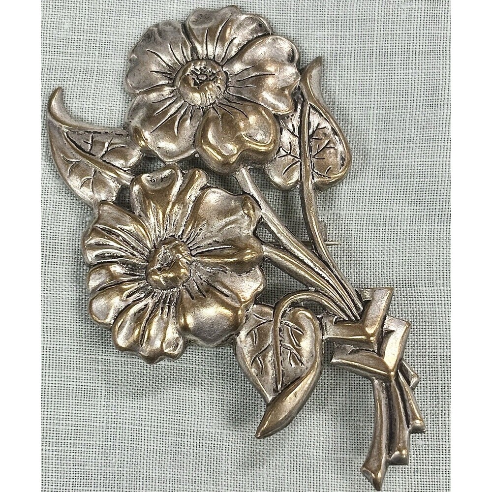 Vintage Floral Brooch Silver Tone Flower Spray Pin C Clasp Large Statement